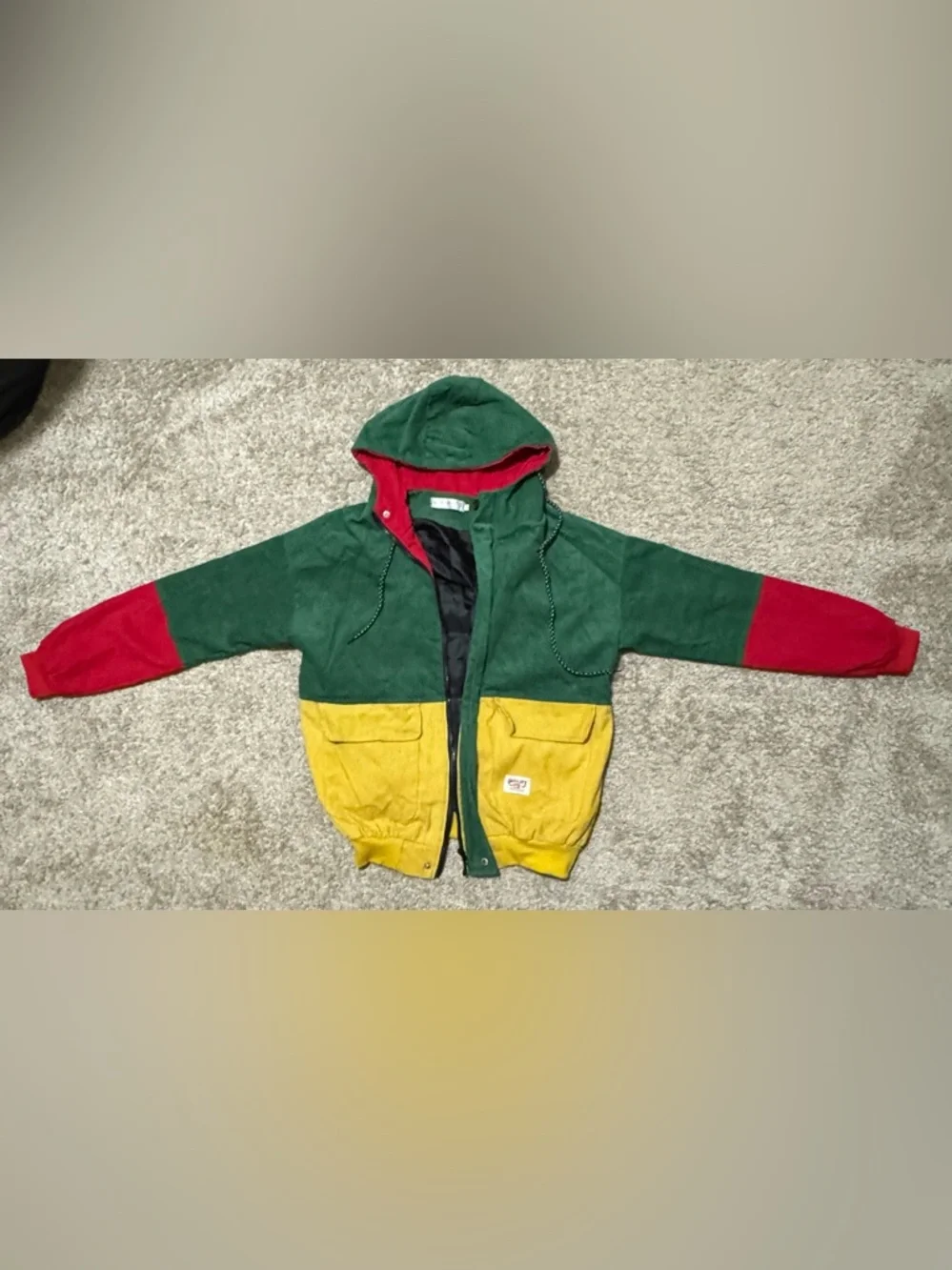 Vintage Colorblock Corduroy Hooded Jacket Women’s Small Retro Green Red Yellow - Picture 2 of 6